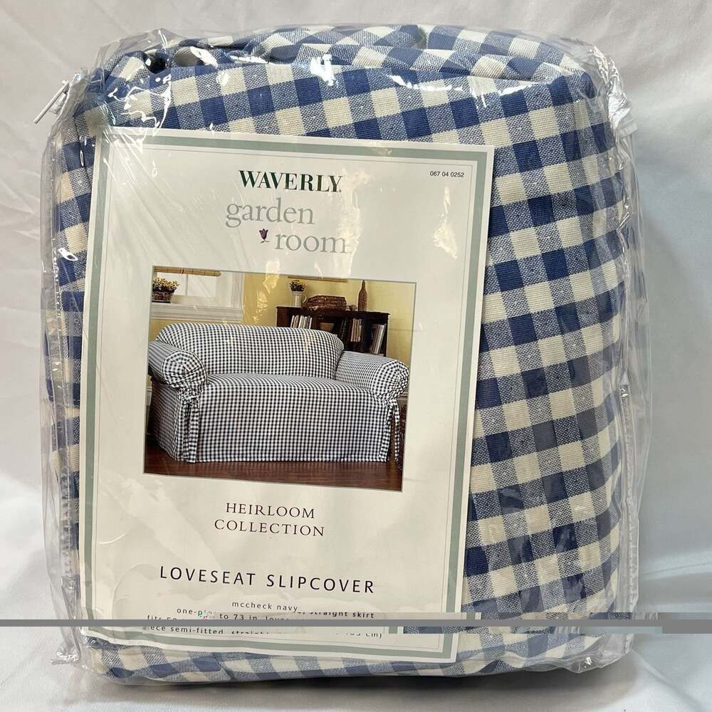 Waverly Garden Room Loveseat Slipcover Navy Blue Ivory Check 100% Cotton Vintage